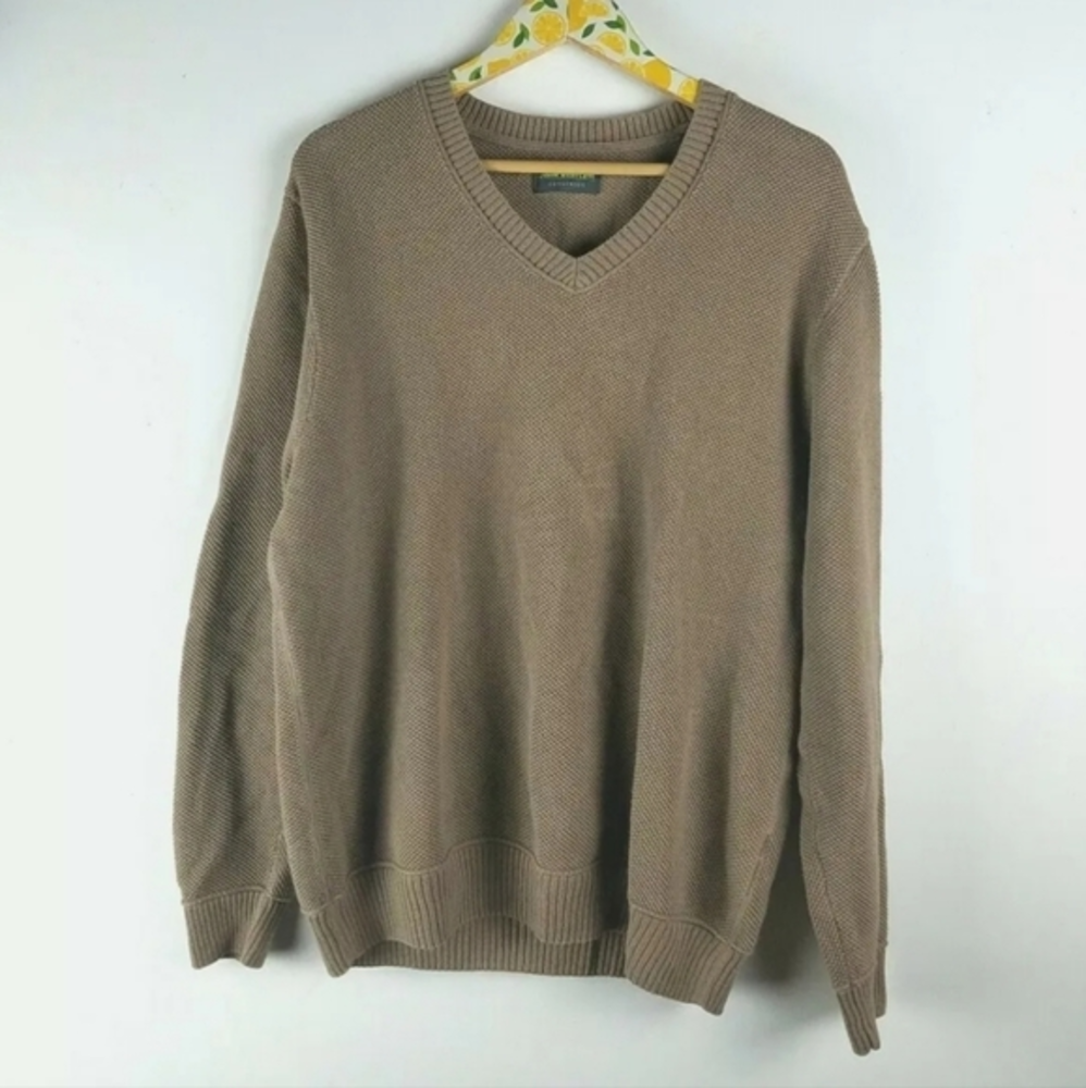 John Bartlett Mens Sweater Sz XL Pullover V neck Tan Cotton Machine wash Size XL